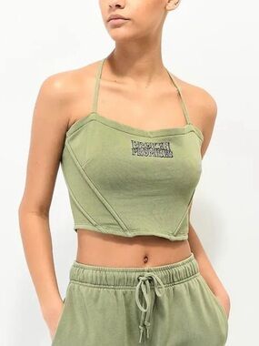 BROKEN PROMISES Olive Halter Crop Top and pants